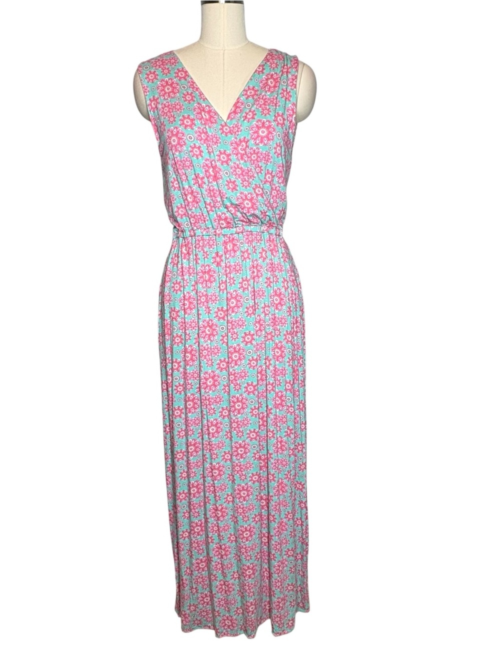 Vineyard Vines Floral Blue Pink Faux Wrap Sleeveless Maxi Dress| L